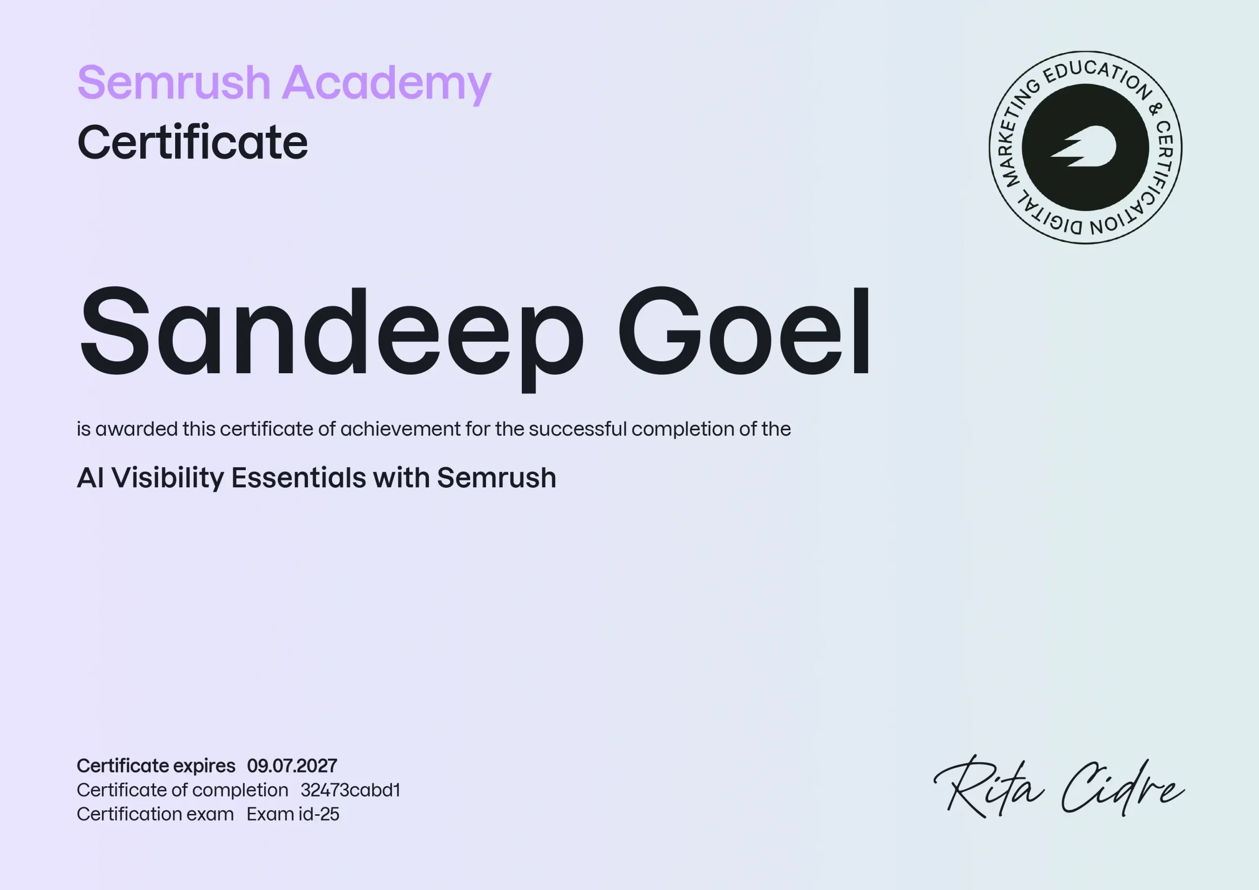 AI Visibility certification for Sandeep Goel