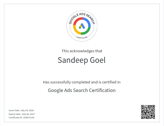 Google Ads Search certification for Sandeep Goel