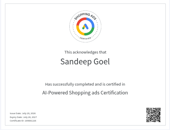 Google AI-Powered Shopping Ads certification for Sandeep Goel