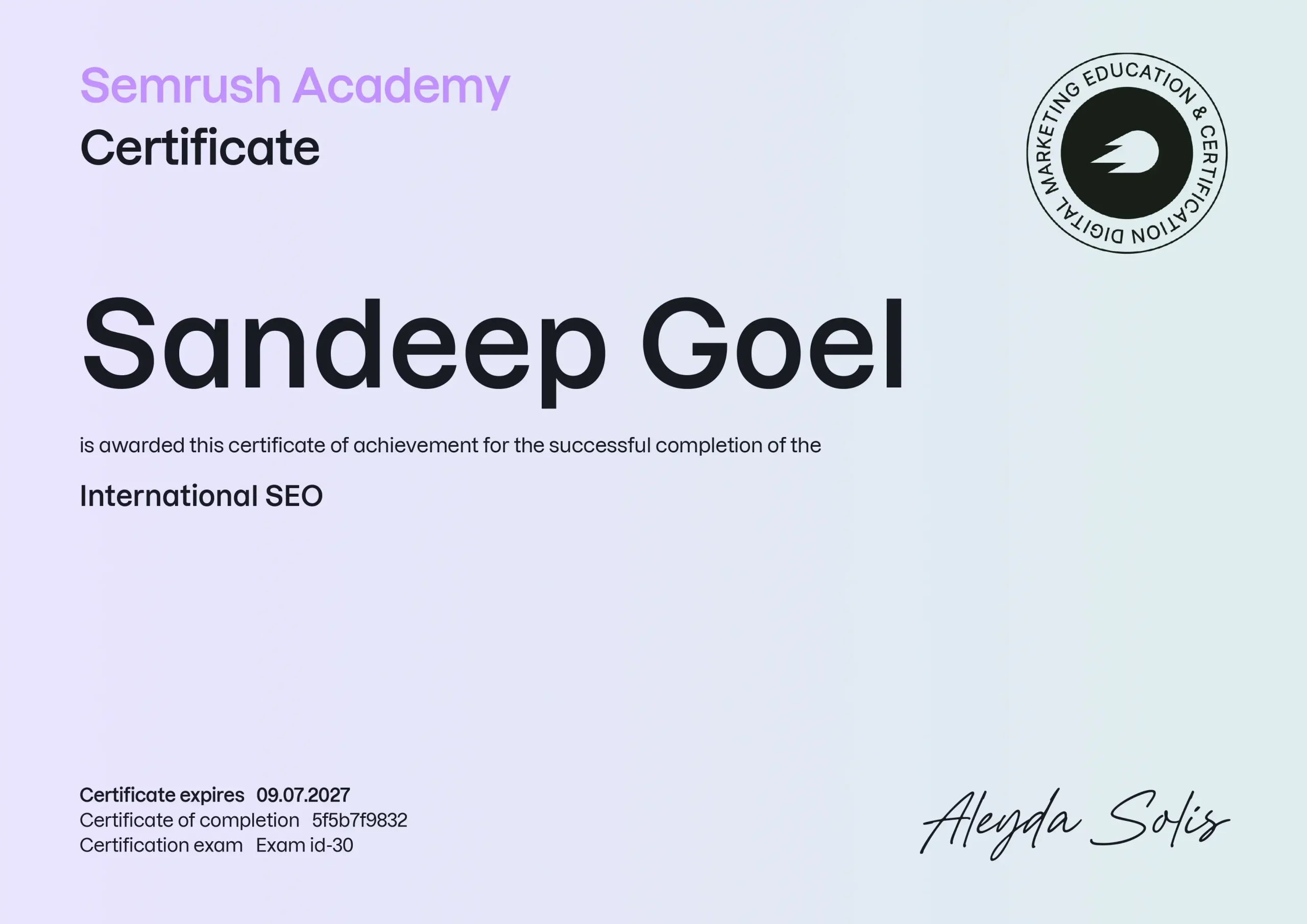 International SEO certification for Sandeep Goel